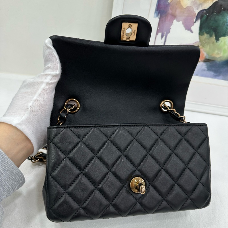 Chanel 香奈兒 CF 大mini 24B黑色棕色金屬扣限定棕鏈條 棕色金屬季節款限定扣 黑色羊皮芯片款 有購證-7