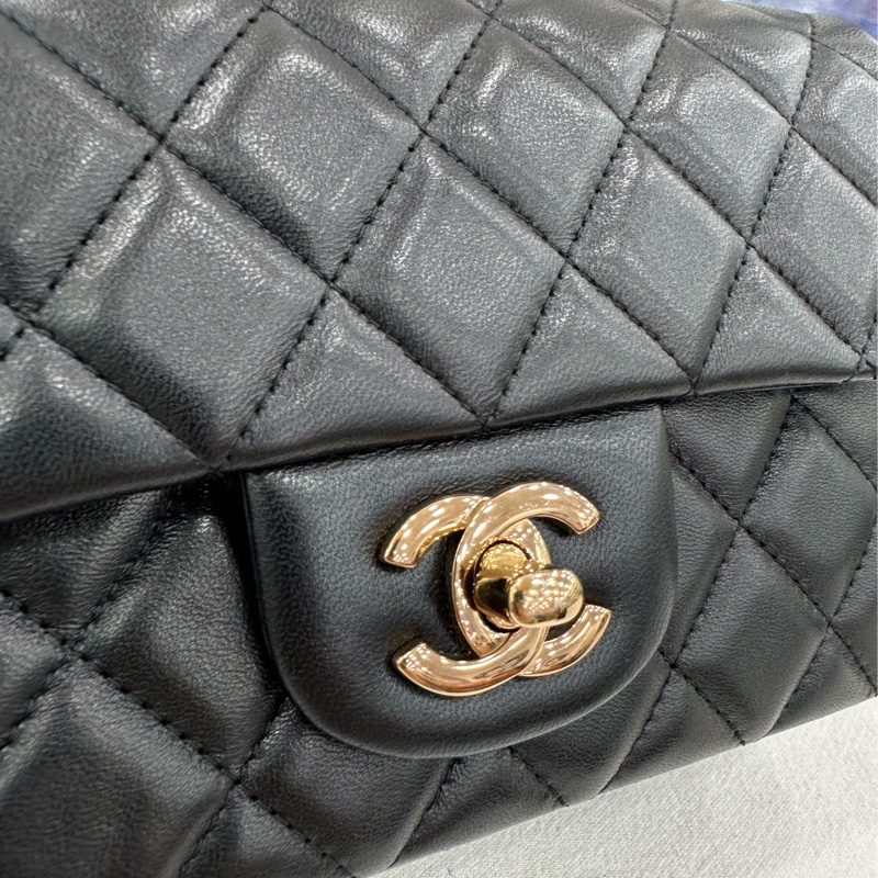 Chanel 香奈兒 CF 大mini 24B黑色棕色金屬扣限定棕鏈條 棕色金屬季節款限定扣 黑色羊皮芯片款 有購證-8