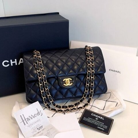 香奈兒/Chanel 黑金Classic CF中號 羊皮菱格雙蓋紅內 鏈條包