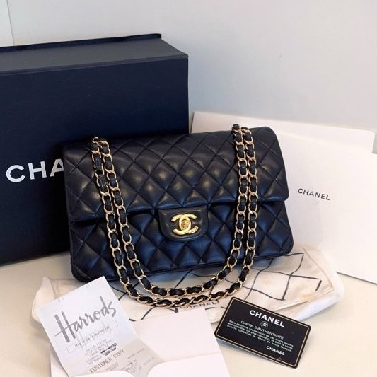 香奈兒/Chanel 黑金Classic CF中號 羊皮菱格雙蓋紅內 鏈條包-0