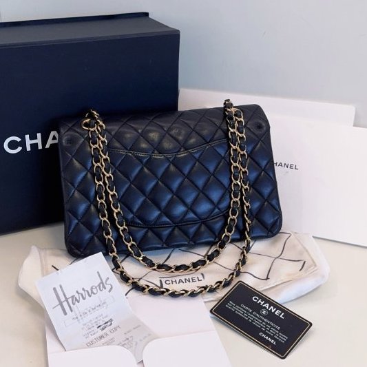 香奈兒/Chanel 黑金Classic CF中號 羊皮菱格雙蓋紅內 鏈條包-1