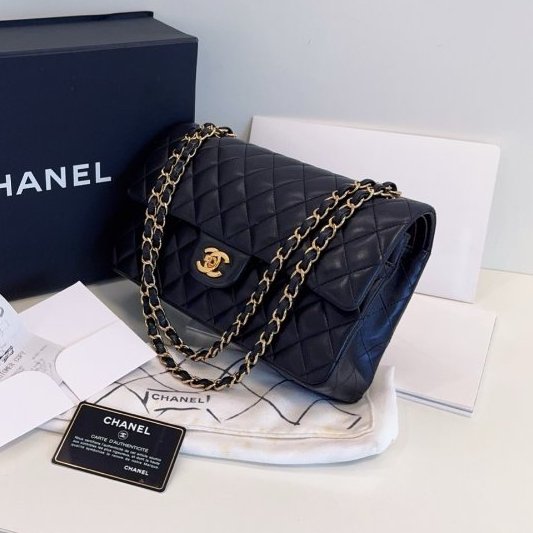 香奈兒/Chanel 黑金Classic CF中號 羊皮菱格雙蓋紅內 鏈條包-2