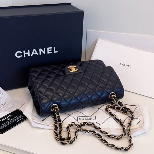 香奈兒/Chanel 黑金Classic CF中號 羊皮菱格雙蓋紅內 鏈條包-3