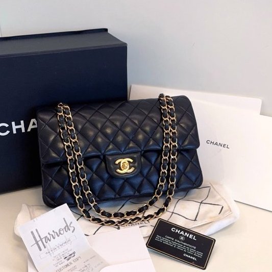 香奈兒/Chanel 黑金Classic CF中號 羊皮菱格雙蓋紅內 鏈條包-5