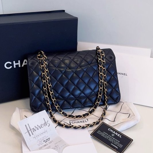 香奈兒/Chanel 黑金Classic CF中號 羊皮菱格雙蓋紅內 鏈條包-6