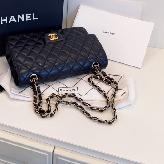 香奈兒/Chanel 黑金Classic CF中號 羊皮菱格雙蓋紅內 鏈條包-9