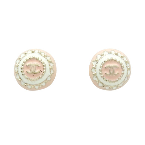 粉/白琺瑯 金色鍍金 雙C 針式耳環【CHANEL 香奈兒】
