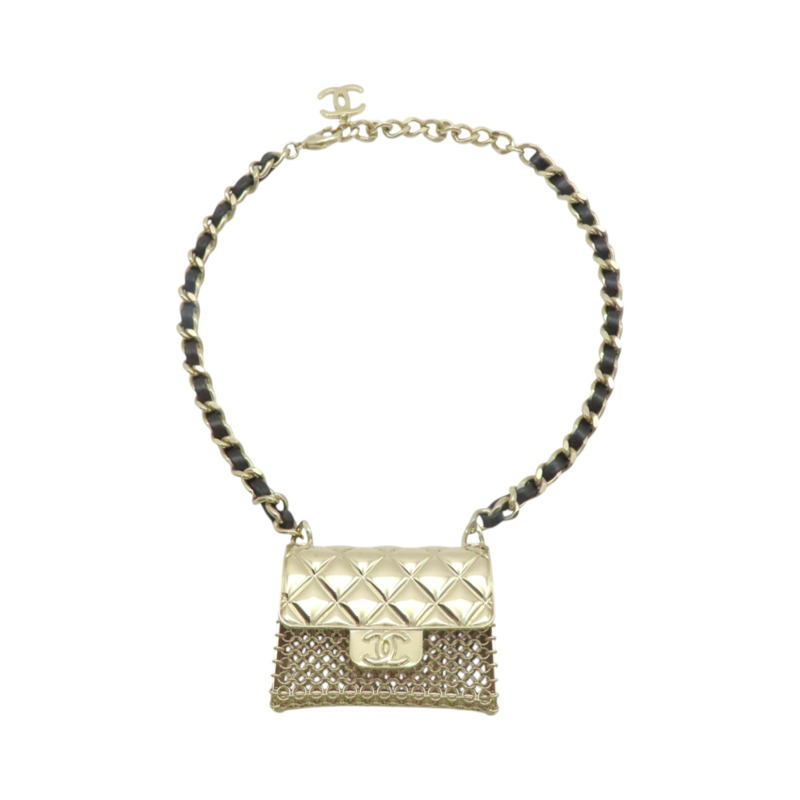 淺金鍍金 黑色牛皮 包包造型 matelasse motif 項鍊【CHANEL 香奈兒】 AB6135-1
