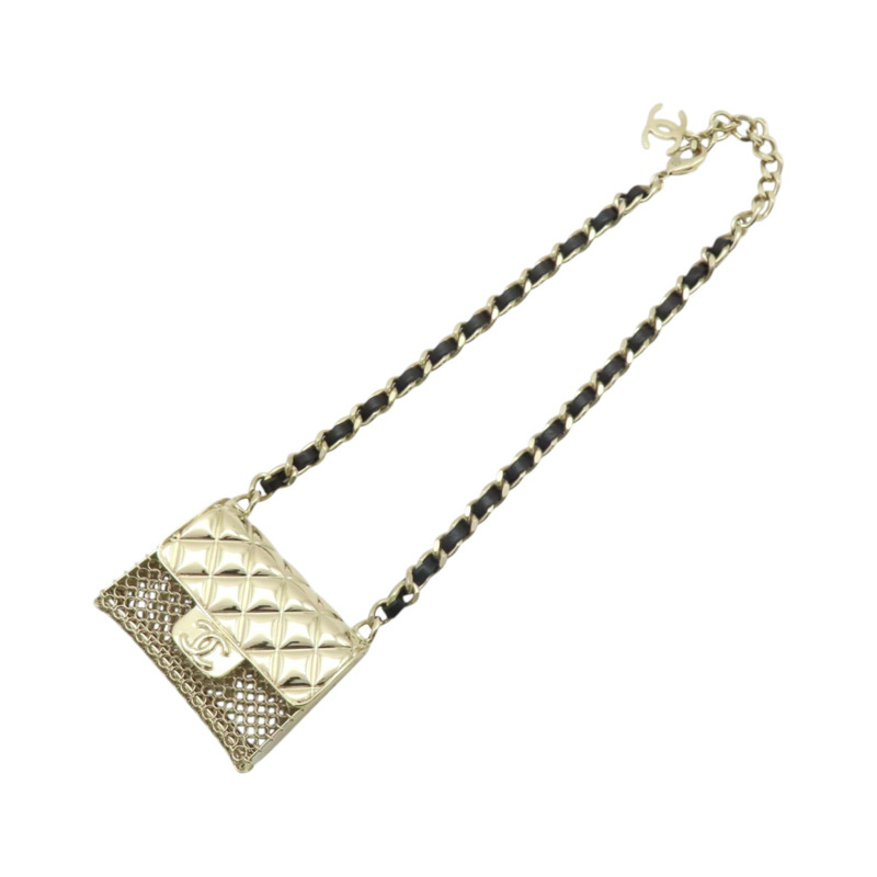 淺金鍍金 黑色牛皮 包包造型 matelasse motif 項鍊【CHANEL 香奈兒】 AB6135-2