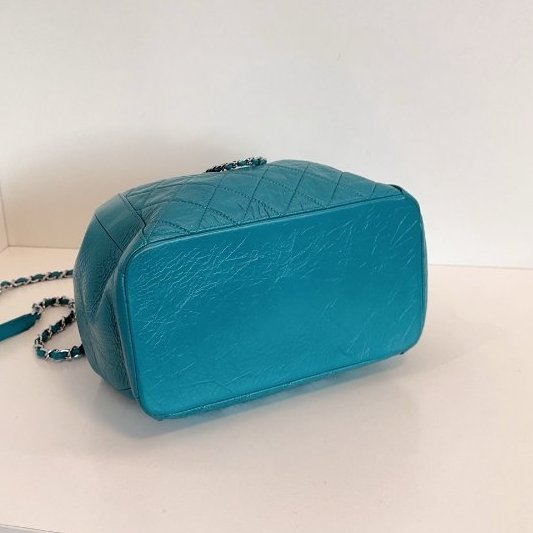 香奈兒/Chanel 油蠟牛皮雙C扣抽繩水桶包 湖水綠銀扣-8