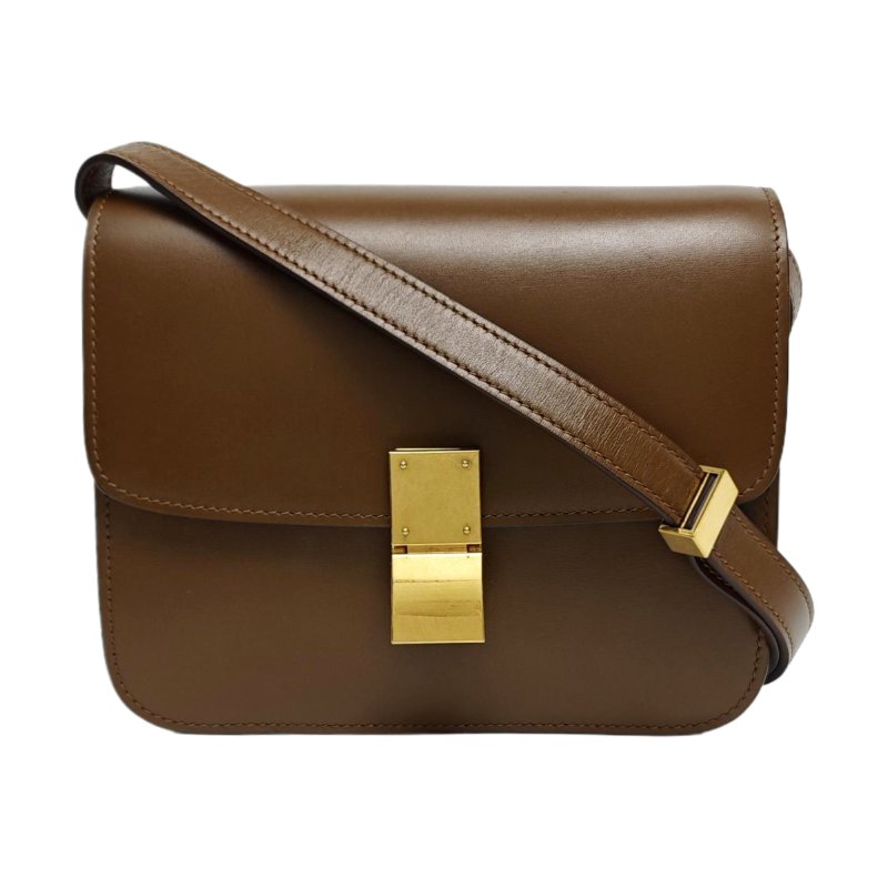 CELINE CLASSIC BOX小號棕色牛皮豆腐包單肩包斜挎包金色五金可拆卸肩帶-0