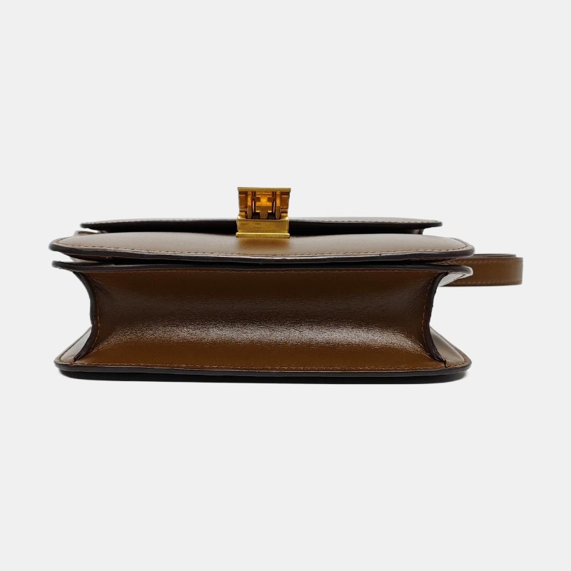 CELINE CLASSIC BOX小號棕色牛皮豆腐包單肩包斜挎包金色五金可拆卸肩帶-5