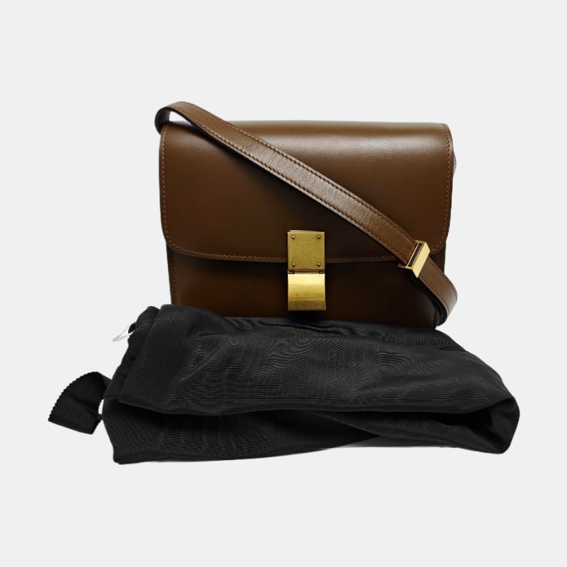 CELINE CLASSIC BOX小號棕色牛皮豆腐包單肩包斜挎包金色五金可拆卸肩帶-7
