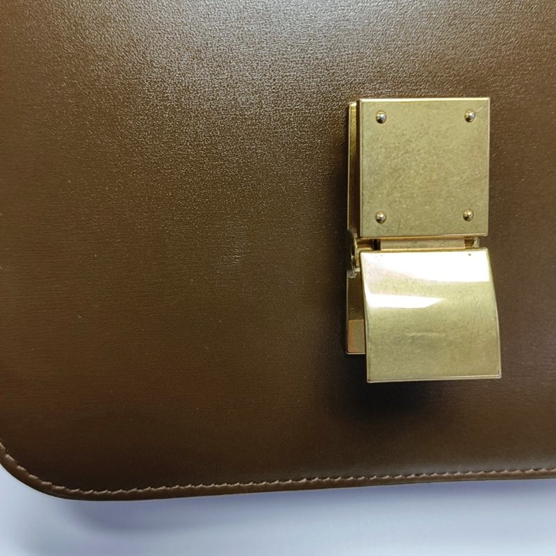 CELINE CLASSIC BOX小號棕色牛皮豆腐包單肩包斜挎包金色五金可拆卸肩帶-8