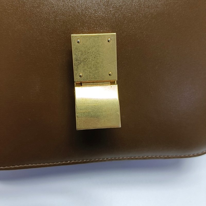 CELINE CLASSIC BOX小號棕色牛皮豆腐包單肩包斜挎包金色五金可拆卸肩帶-9