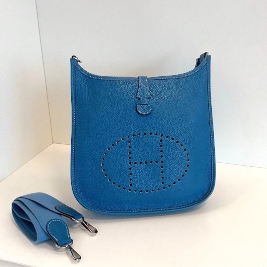 Hermes愛馬仕 牛仔藍銀扣Evelyne29 肩背包-5