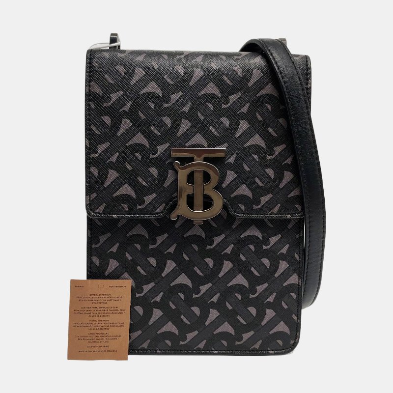 BURBERRY手機包拼色塗層帆布TB斜挎包單肩包銀色五金可拆卸肩帶-7