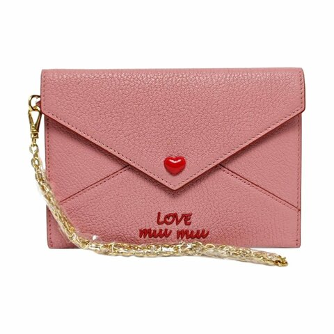 Miu Miu Love粉紅色羊皮手拿包金色五金