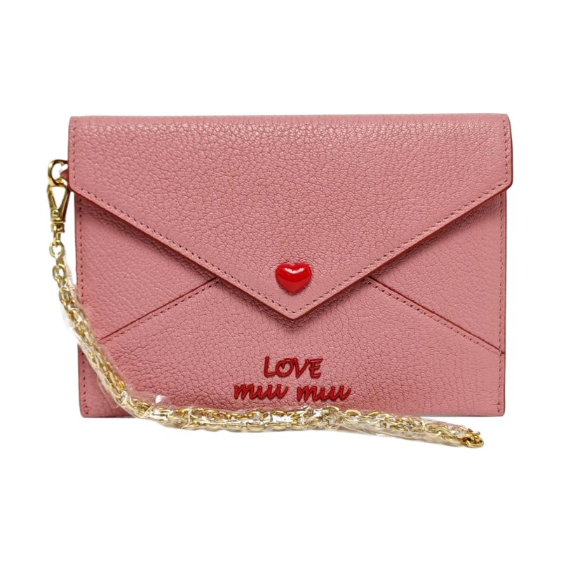 Miu Miu Love粉紅色羊皮手拿包金色五金-0