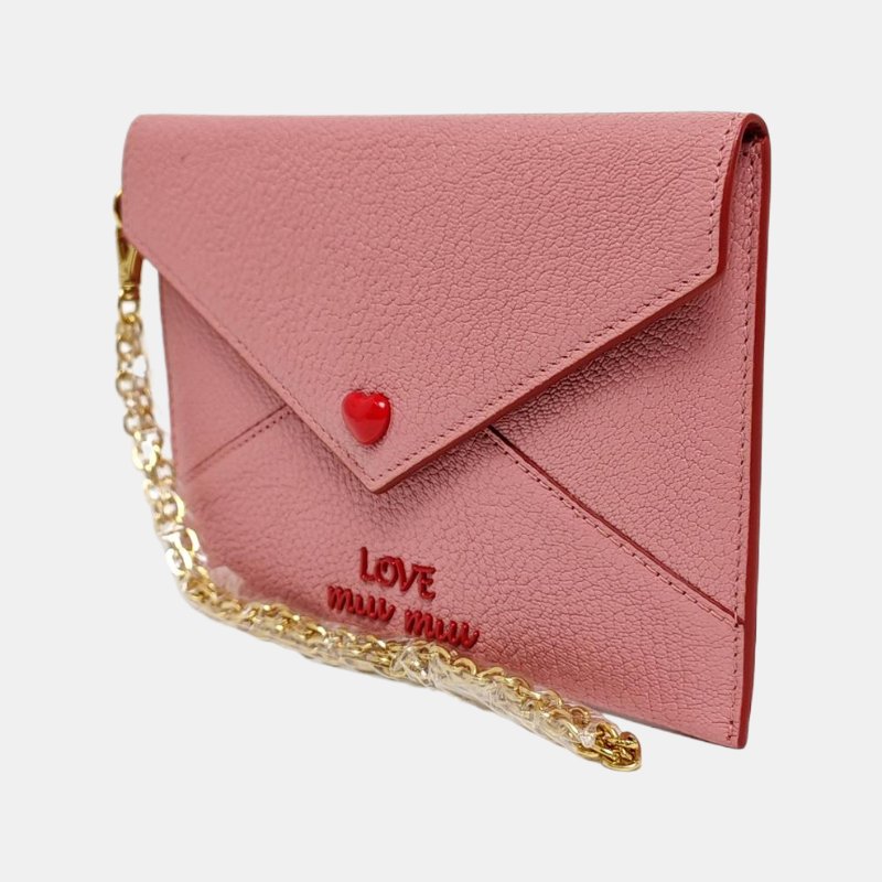 Miu Miu Love粉紅色羊皮手拿包金色五金-2