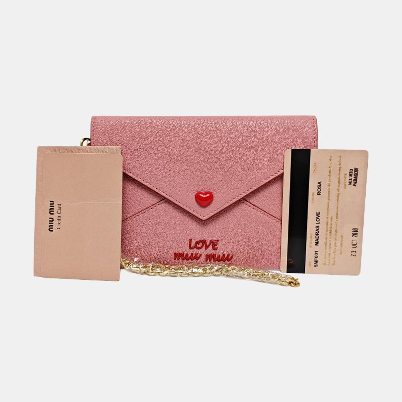 Miu Miu Love粉紅色羊皮手拿包金色五金-7