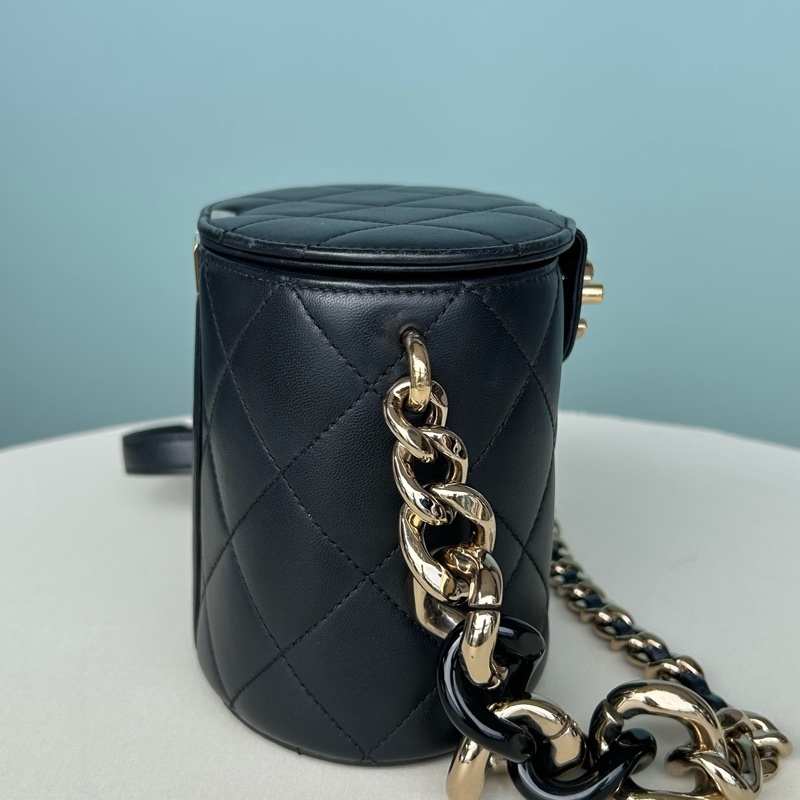 Chanel香奈兒黑金羊皮小化妝盒圓筒包斜挎包-2