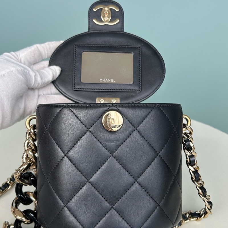 Chanel香奈兒黑金羊皮小化妝盒圓筒包斜挎包-5