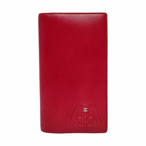 CHANEL紅色牛皮壓紋錢包銀色五金13開