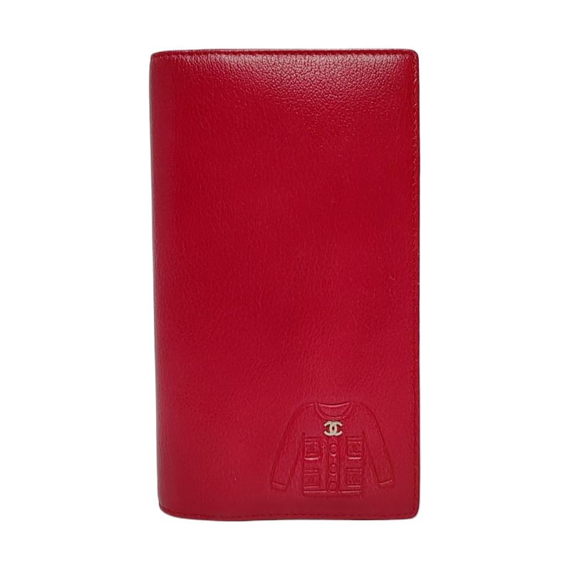 CHANEL紅色牛皮壓紋錢包銀色五金13開-0