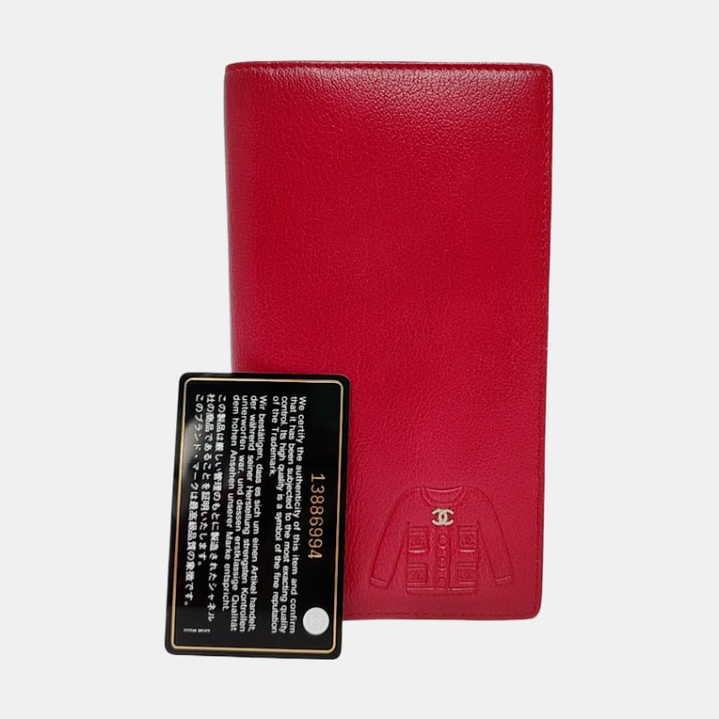 CHANEL紅色牛皮壓紋錢包銀色五金13開-7