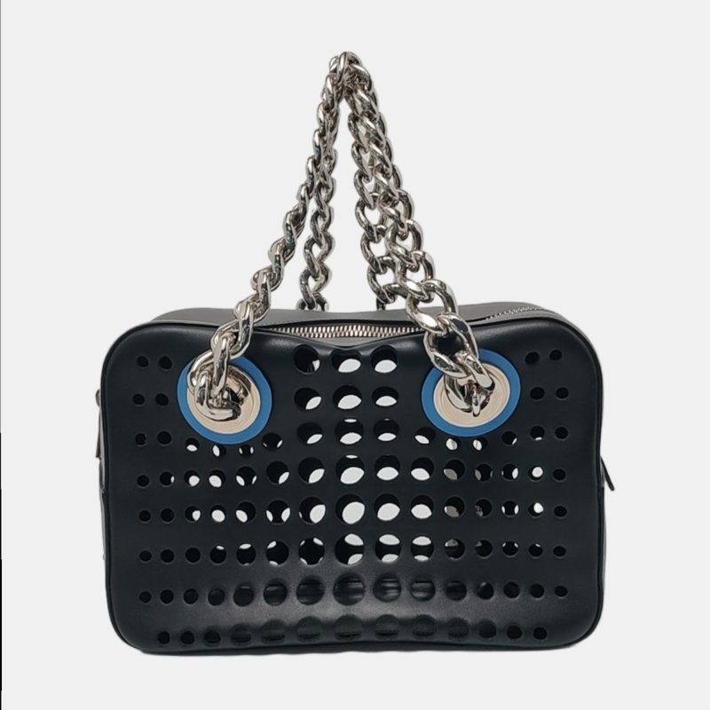 PRADA黑色牛皮徽標手提包單肩包銀色五金子袋-4