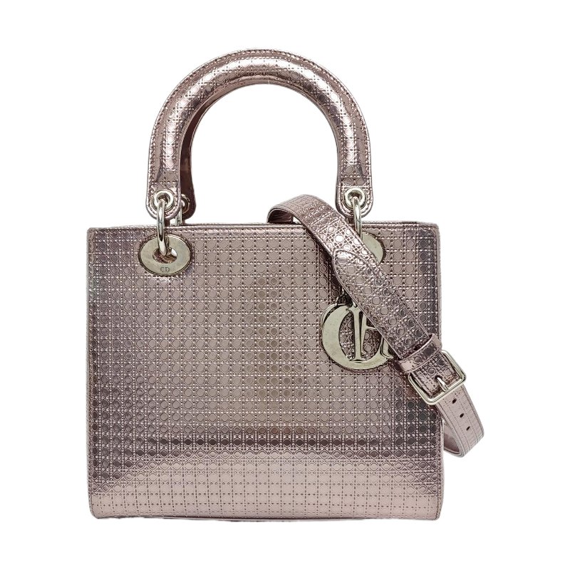 DIOR Lady Dior中號香檳色牛皮藤格紋壓紋戴妃包單肩包手提包斜挎包銀色五金可拆卸肩帶-0