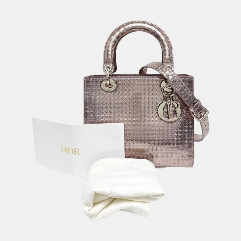 DIOR Lady Dior中號香檳色牛皮藤格紋壓紋戴妃包單肩包手提包斜挎包銀色五金可拆卸肩帶-7