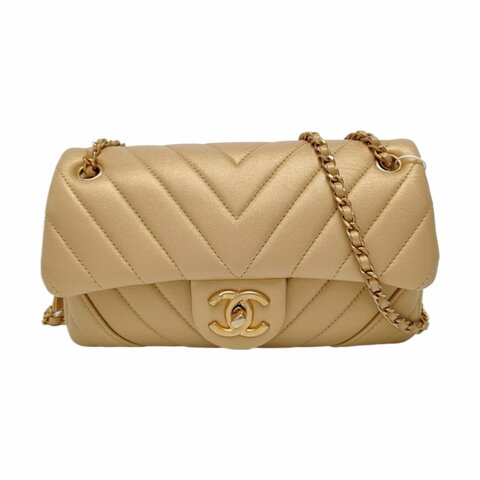 CHANEL CLASSIC FLAP金色羊皮絎縫V紋單肩包斜挎包金色五金20開