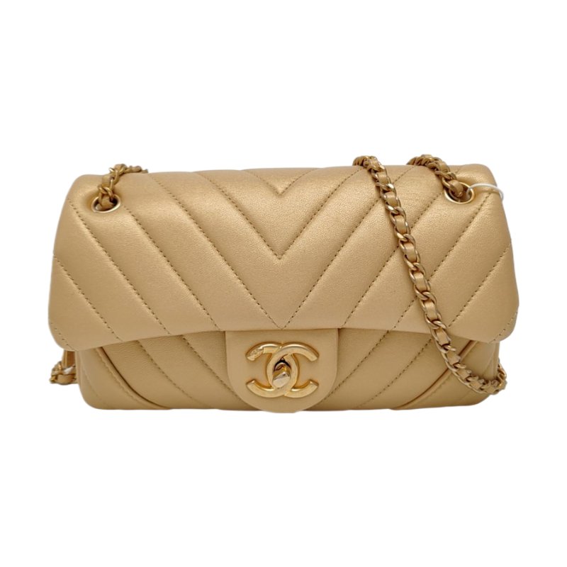 CHANEL CLASSIC FLAP金色羊皮絎縫V紋單肩包斜挎包金色五金20開-0