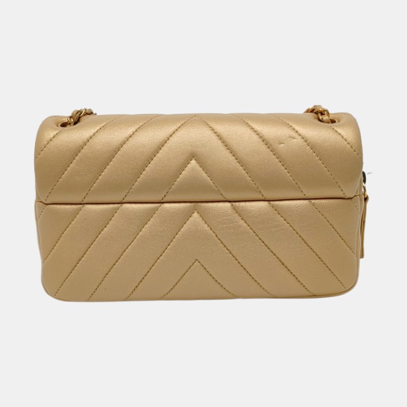 CHANEL CLASSIC FLAP金色羊皮絎縫V紋單肩包斜挎包金色五金20開-4