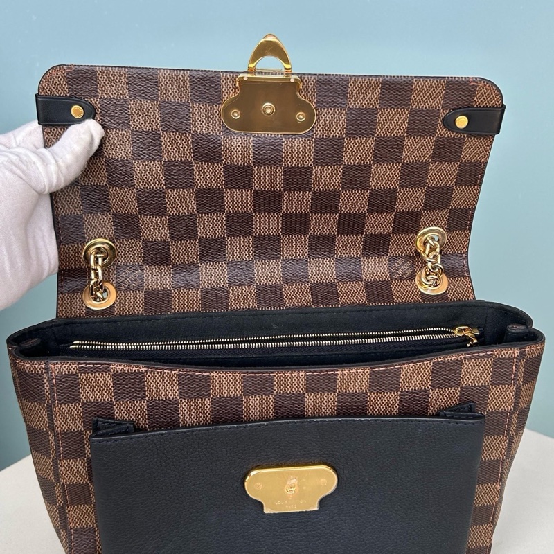 LV vavin黑拼棕棋盤格鏈條斜挎包-7