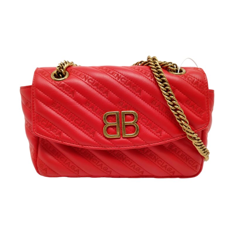 BALENCIAGA BB紅色牛皮壓紋絎縫單肩包斜挎包金色五金-0