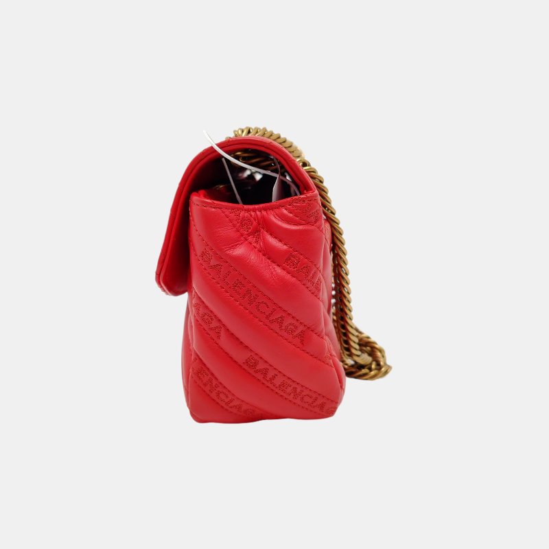 BALENCIAGA BB紅色牛皮壓紋絎縫單肩包斜挎包金色五金-2