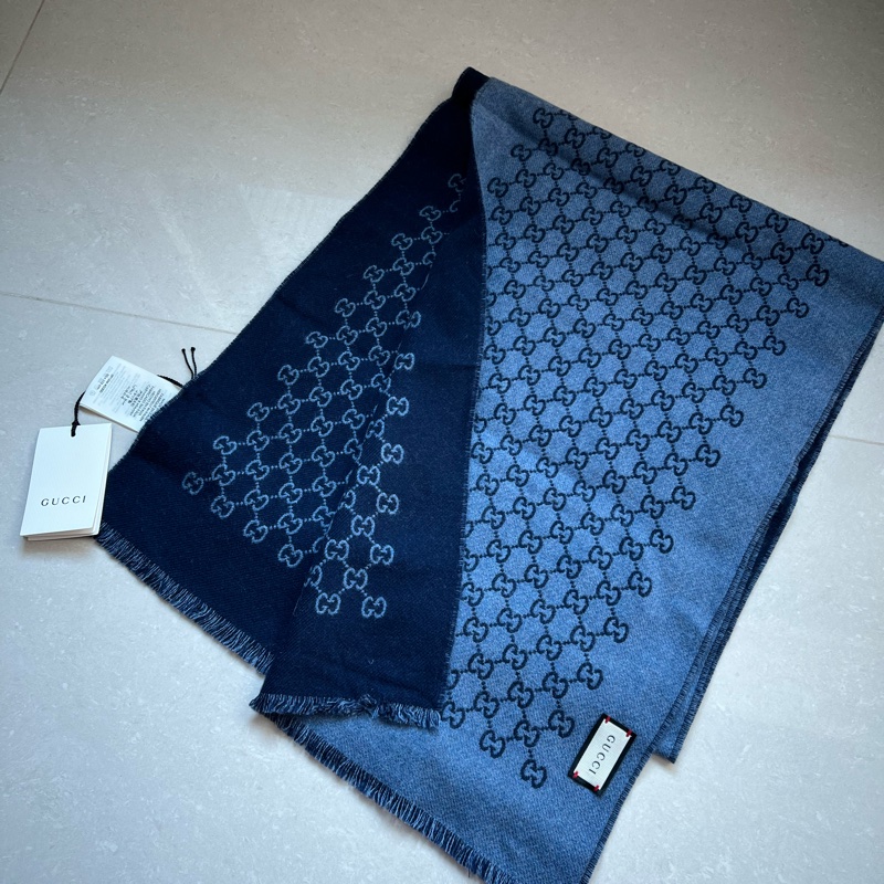 GUCCI 全新 雙色 羊毛 圍巾 深藍/寶寶藍雙色 附吊牌-0