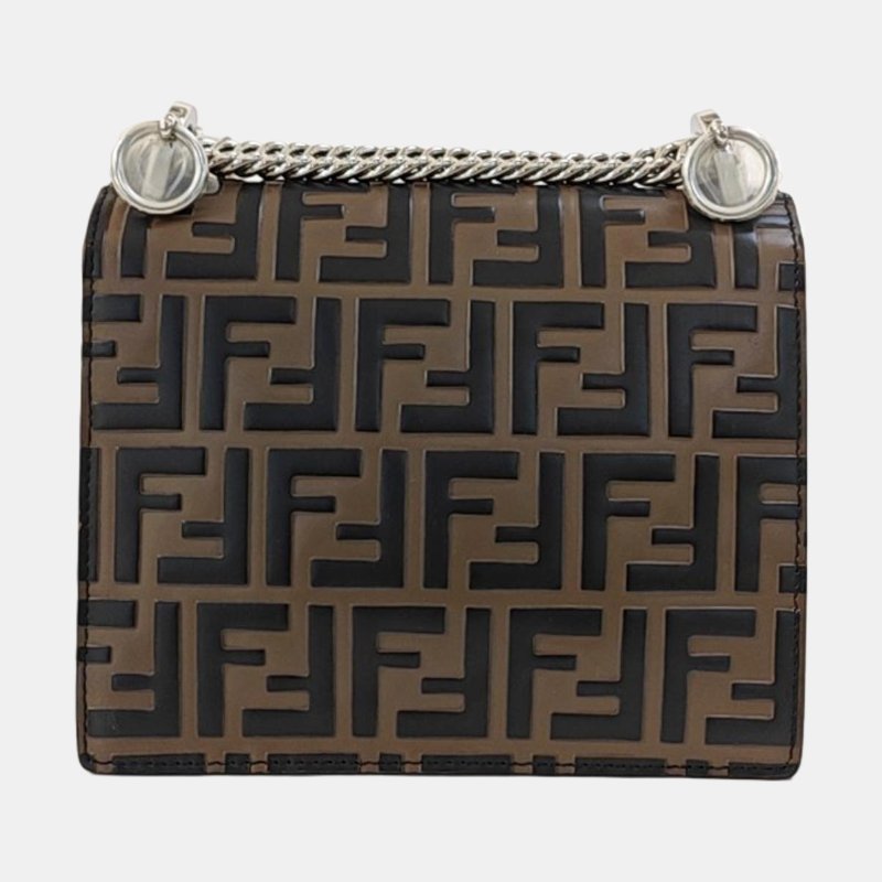 FENDI Kan I迷你棕色牛皮雙F鉚釘單肩包斜挎包金色銀色五金-4