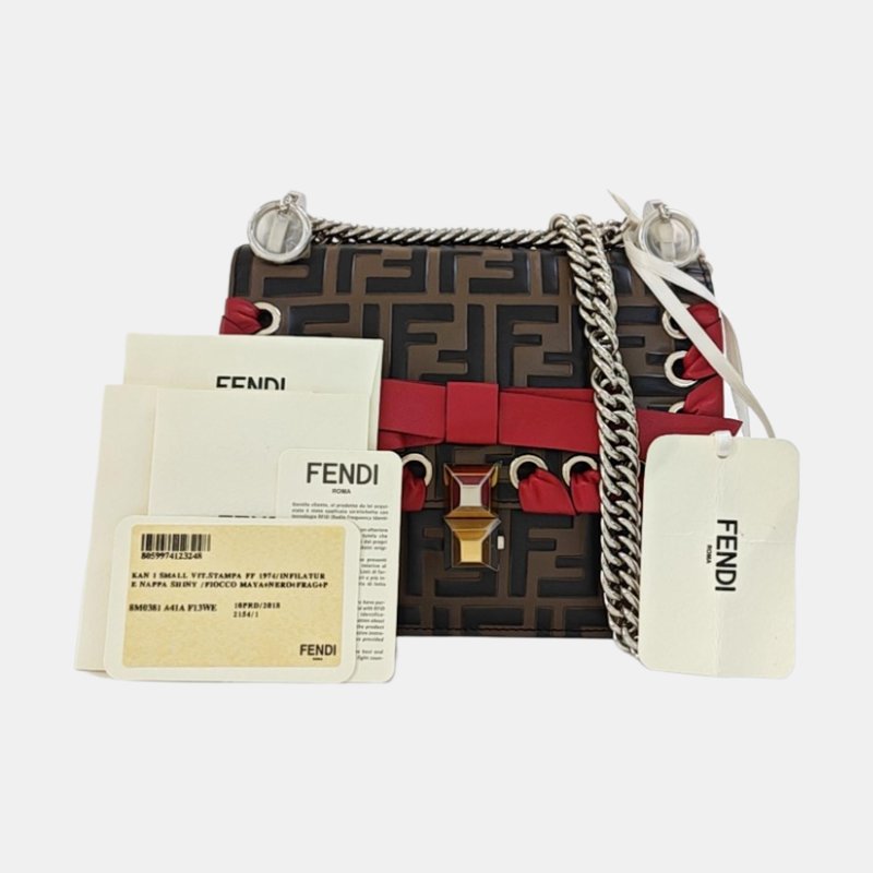 FENDI Kan I迷你棕色牛皮雙F鉚釘單肩包斜挎包金色銀色五金-7
