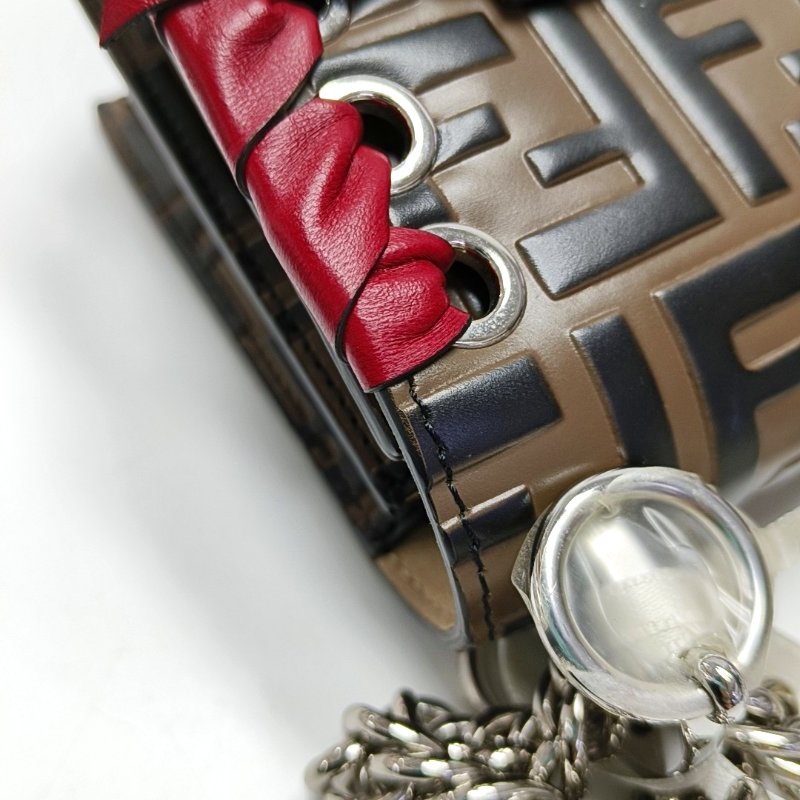 FENDI Kan I迷你棕色牛皮雙F鉚釘單肩包斜挎包金色銀色五金-8