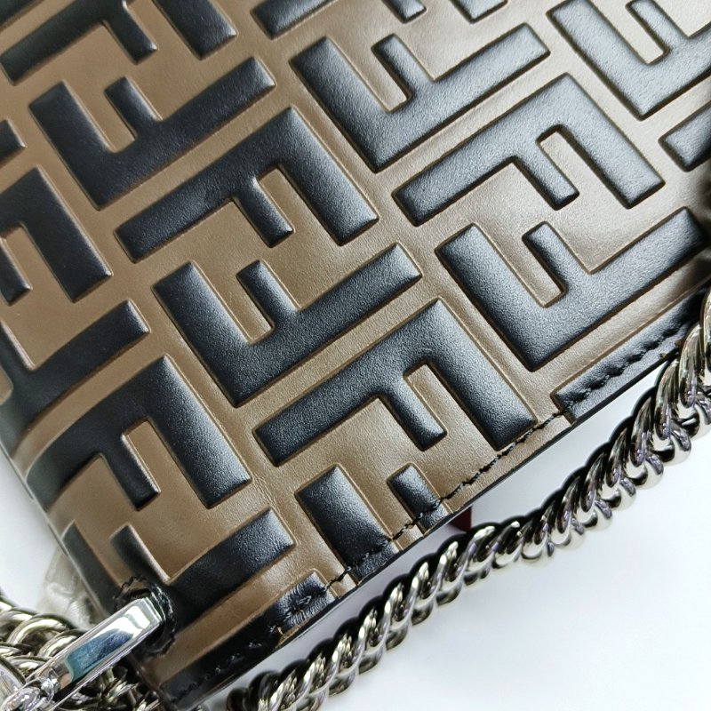 FENDI Kan I迷你棕色牛皮雙F鉚釘單肩包斜挎包金色銀色五金-10