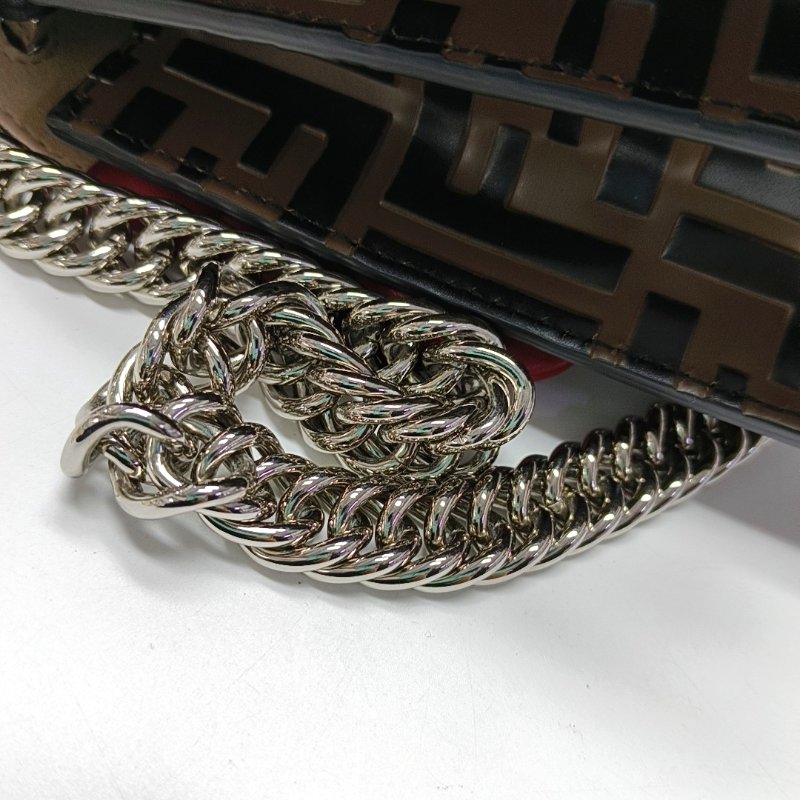 FENDI Kan I迷你棕色牛皮雙F鉚釘單肩包斜挎包金色銀色五金-11