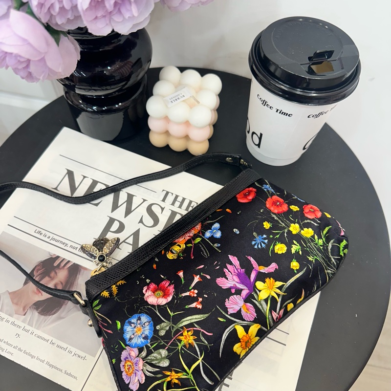 Gucci Flora Pochette Mini 中古蜥蜴皮緞面花卉琉璃小蜜蜂麻將包-1