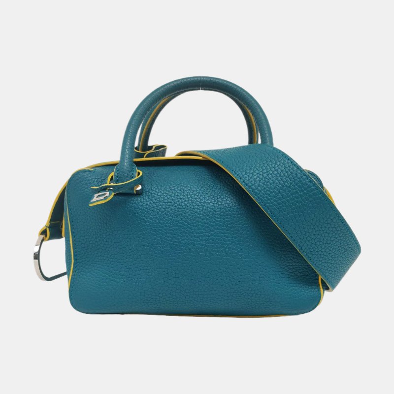 DELVAUX Cool Box藍綠色牛皮單肩包銀色五金可拆卸肩帶 9.8新-7