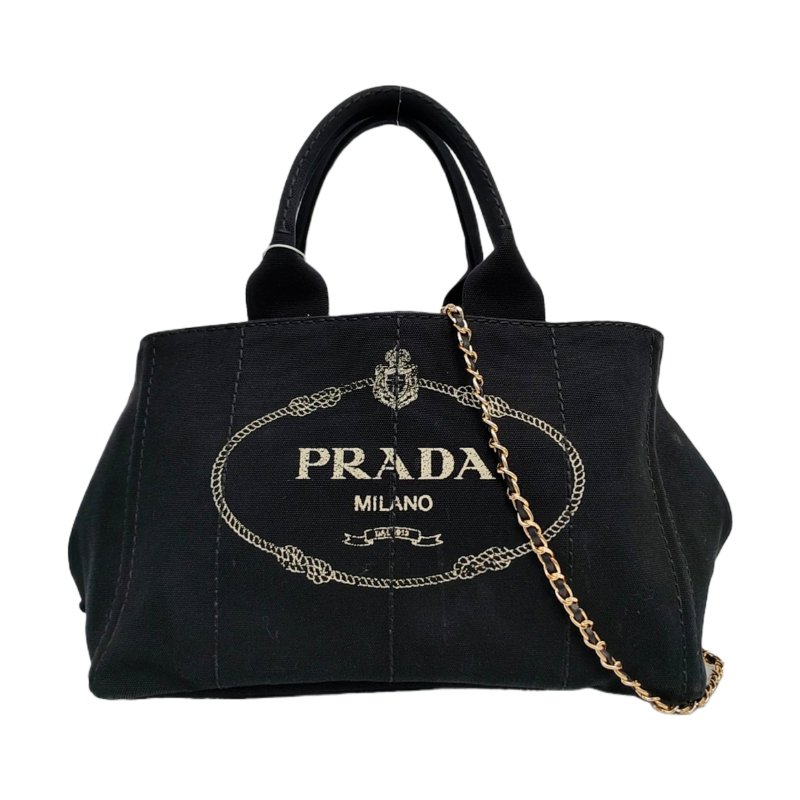 PRADA Denim黑色帆布印花絎縫手提包金色五金-0