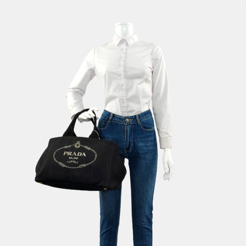 PRADA Denim黑色帆布印花絎縫手提包金色五金-1