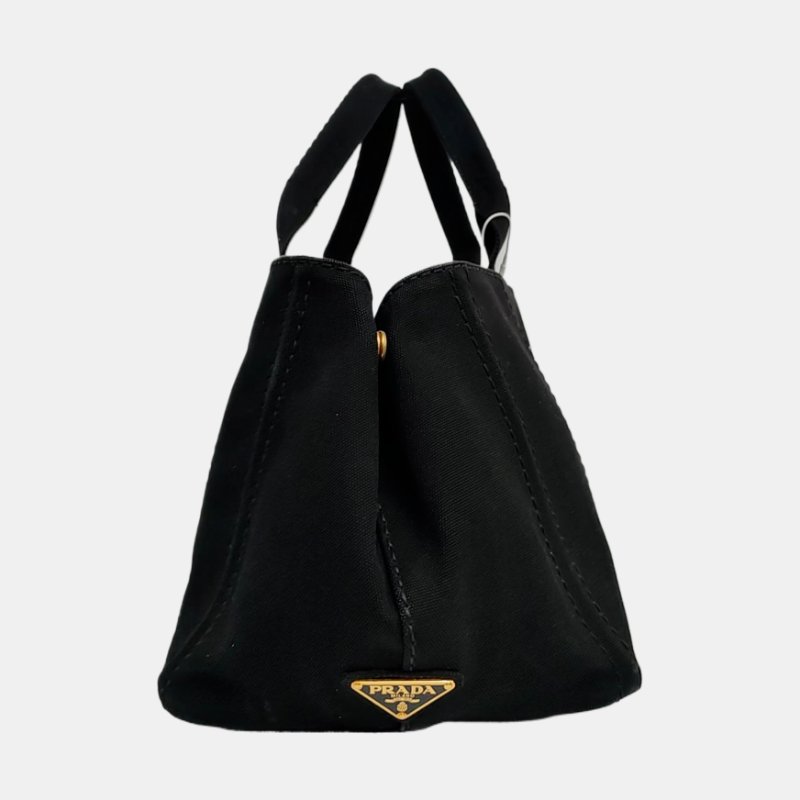 PRADA Denim黑色帆布印花絎縫手提包金色五金-3